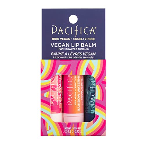 Pacifica Beauty, Вегетариански Балсам за устни Трио, Разнообразна опаковка, Кокос, Пъпеш, Ванилия, Сухи, Напукани устни, Меки