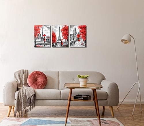 DekHome, Комплект от 3 теми, Парижките Отпечатъци върху Платно, Стенно Изкуство, Черно-Червена Романтична Двойка, монтиран на стената Артистичен