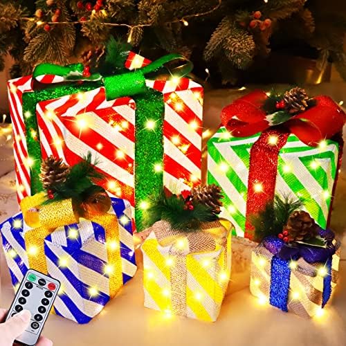 [ Много Големи и 5 опаковки ] 12-10-8-7-6 Коледни Подаръчни Кутии с Осветление, Орнаменти, 8 Режима, Таймер, Дистанционно