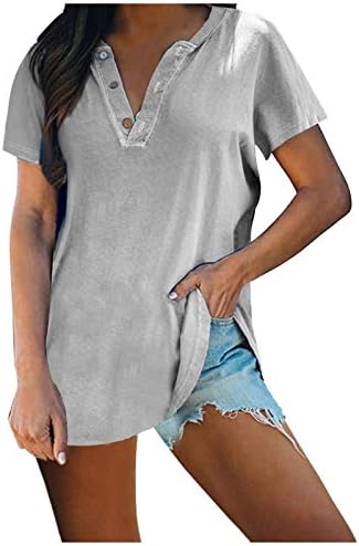 Дамски Ежедневни Ризи Обикновен Потник С V-образно деколте и къс ръкав Копчета, Лятна Свободна Блуза, Тениска