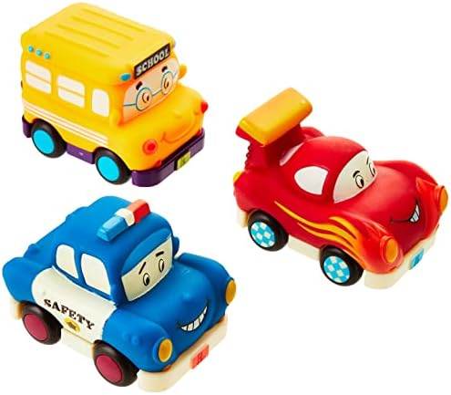 Б. Toys от Battat - Комплект мини-превозни средства, Автобуси и Машини, Мулти, Хот-род от 3 на предмети, Училищен автобус, Полицейска кола