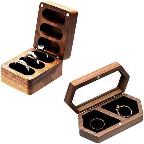 COSISO 2 Опаковки Дървени Кутии за Пръстени за Сватбената церемония (Правоъгълник, Черен, 3 слота + Шестоъгълник Черен Вътрешен)
