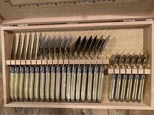 Laguiole Франция, Jean Neron Комплект от 24 прибори с дръжки от платина светло рога, 6 вилици, 6 ножа, 6 чаени лъжички и 6