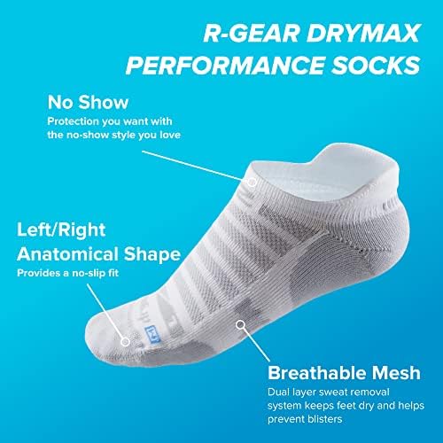 Мъжки и дамски чорапи за бягане R-Gear Drymax No Show, С лека възглавница | Дишащи, с контрол на влажност и защита от образуване на мехури | XXL, Бели, 3 опаковки