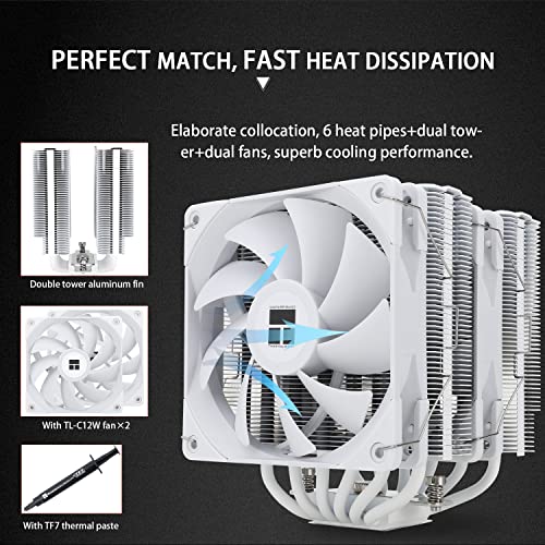 Въздушен охладител за процесор Thermalright Peerless Assassin 120 White, 6 Топлинни Тръби, Двоен 120-мм вентилатор TL-C12W,