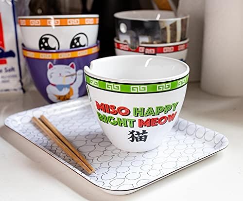 Набор от японската Керамични съдове за готвене Бум Trendz Bowl Bop Мишо Happy | Включва 16 Унции Юфка Ramen и Дървени Пръчици за хранене Ястие Азиатска кухня За дома и кухнята, По