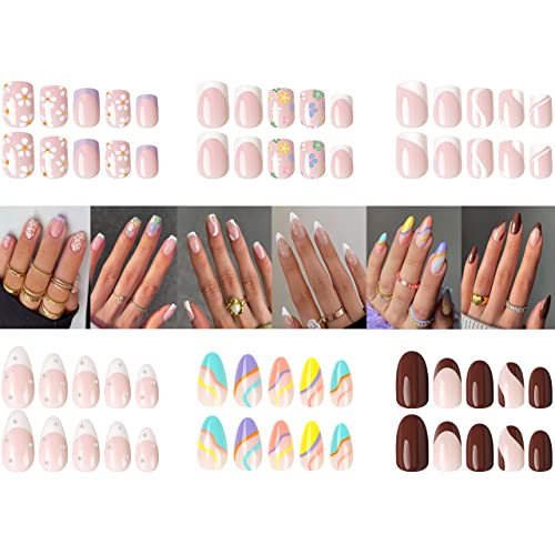 Yivaiks 6 опаковки (144 бр) Комплект за залепване на ноктите на къси |Средни нокти с френски дизайн, Режийни ноктите с бадеми и тромаво