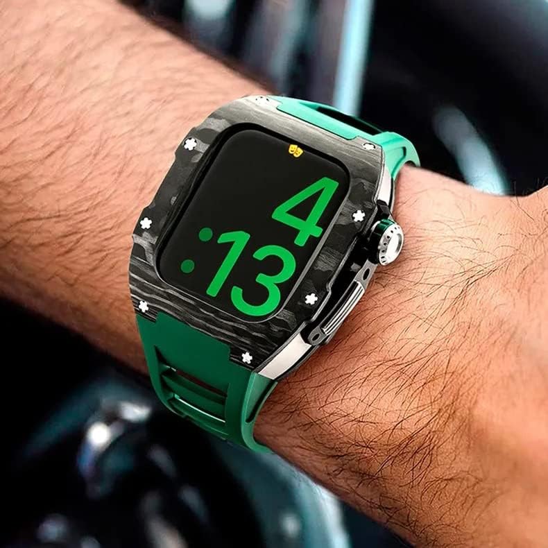 CNHKAU Луксозен калъф от въглеродни влакна за Apple Watch 8 Band 45 мм, серия 7 6 Неръждаема Стомана Iwatch Series 8 5 4 SE 44 мм, комплект за промяна на DIY (Цвят: Диаманти-RGGr, размер: 45 mm)