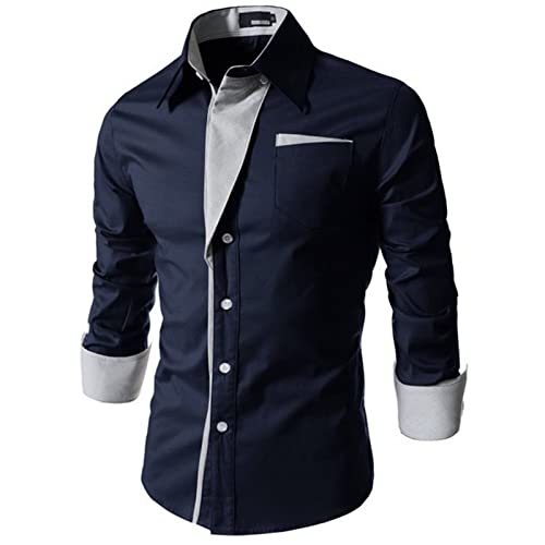 Maiyifu-GJ Стилни Мъжки ризи с дълъг ръкав, Ежедневни ризи с копчета в стил мозайка, отгоре с отложным яка и джобове (Тъмно синьо, 3 размера)