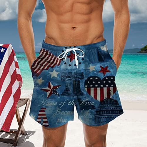 На 4 юли Плажни къси Панталони за Мъже, Ежедневни Бански костюми 2 в 1, Меки Еластични Бански костюми в Райе с Еластична талия,