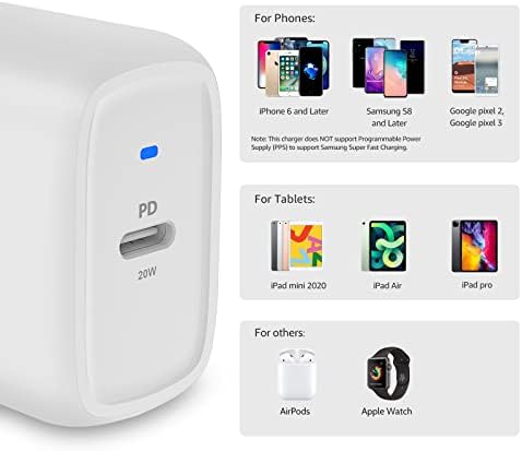 Стенно зарядно устройство Basics мощност 20 W с един порт USB-C и захранване на PD за таблети и телефони (iPhone 14/13/12/11/X, iPad,