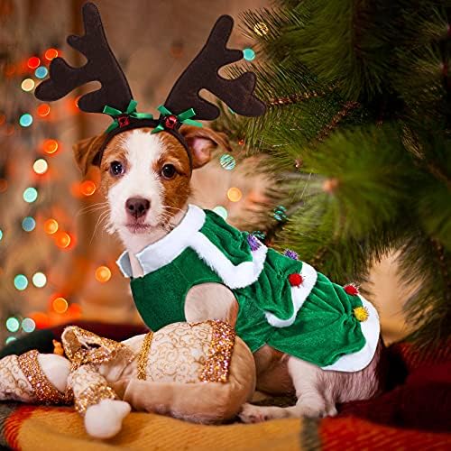 Коледен Костюм на Куче от 2 теми, Костюм на Куче-Елен със Зелени Дрехи за Коледната Елха и превръзка на главата от елени Рога