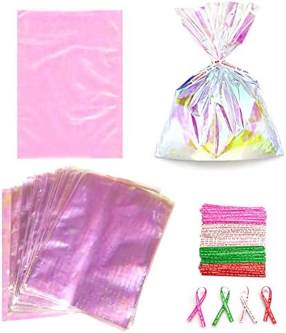 SaktopDeco 100 БР Холограма на Найлонови Торбички, Холограма на Подаръчни Торбички, с Преливащи се цветове Найлонови Торбички, за Лакомствата с Завязками, Пакети за Бискв