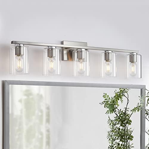 Съвременни осветителни тела DRNANLIT за баня, 5-Светлинни Тоалетни масички с Прозрачни Стъклени абажуром за Антре, Кухня, Спалня, Хол (Матиран Никел, 5-Светлина)