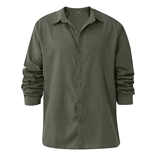 Мъжки Ленени Ризи с копчета, Ежедневни Лятна Плажна Риза с дълъг ръкав, Потници, Лека Однотонная риза Свободно намаляване (ArmyGreen, 3X-Large)