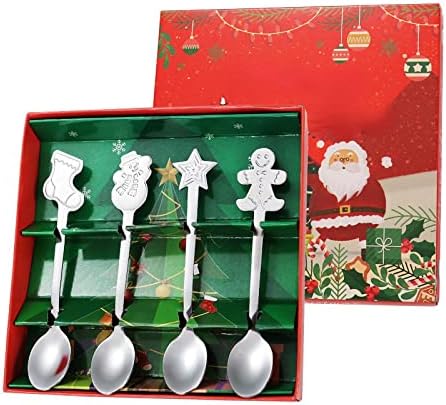Коледна лъжица подарък кутия прибори за хранене от неръждаема стомана cartoony човечето човече чаена лъжичка цветна кутия комплект Модел B Сребърна Коледна цветна кут