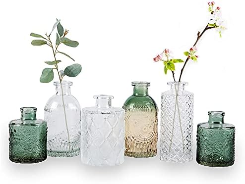 Комплект стъклени вази за пъпки WILDMOS от 6 броя, Малки декоративни Вази за цветя, Мини-стъклена бутилка от наклон стъкло с релефна за домашен интериор, Реколта Стъкле?