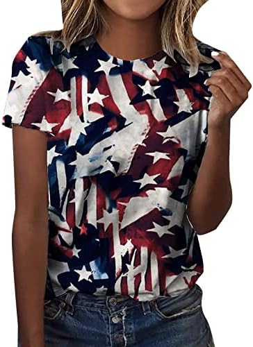 MIASHUI Многопластова Тениска за Жени, Дамски Лятна Тениска с принтом на Деня на Независимостта, Къс Ръкав и кръгло деколте, 3D Цифров