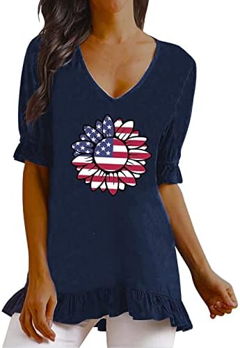 Тениски на 4 юли, Ризи за Жени, Тениски с къс ръкав и V-образно деколте, Американското Знаме, Звездите, Шарени Патриотическая Риза, Туника, Върхове