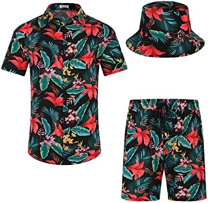 EISHOPEER / Мъжки Хавайски Комплекти с Цветен Модел на копчета, Ежедневни Риза с къс ръкав и къси Панталони, Костюми