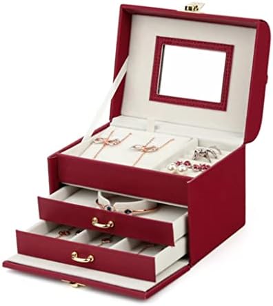 Дамски Часовника за Бижута, Трехслойная кутия За Съхранение на Бижута Голям Капацитет, с Огледало, Преносима Пътна Ковчег (Цвят: Червен,