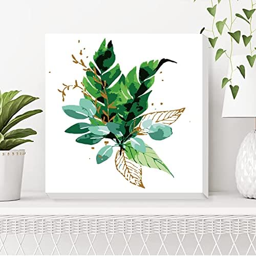 SANWEITU Боята по Номера за възрастни с Дървена рамка за 12 × 12 см Боята по Номера 3 Опаковки Зелени растения Декорация на дома, за Начинаещи Бои и Четки
