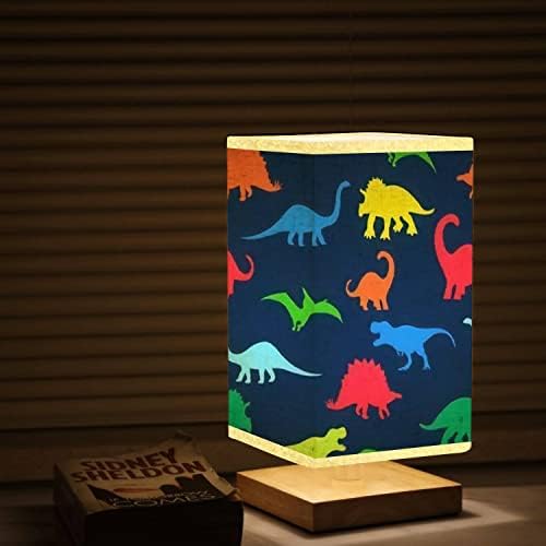 Квадратна Нощна Настолна лампа SVJKLAJFPI с Бесшовным Повторение на Цветни неонови Силуета на Динозаврите на тъмно-Синя Дървена