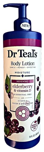 Хидратиращ лосион за тяло Dr Teal's Elderberry, витамин D и Етерично масло с витамин е, какао и масло от шеа, 18 мл, опаковки от 2 части, без парабени и фталатов