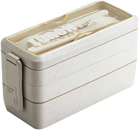 Японски Обяд-бокс Sudreman Stackable Bento Box с лъжица и вилица, Клон 3 в 1 - Съдове за приготвяне на брашно от пшеница слама - 1000 мл