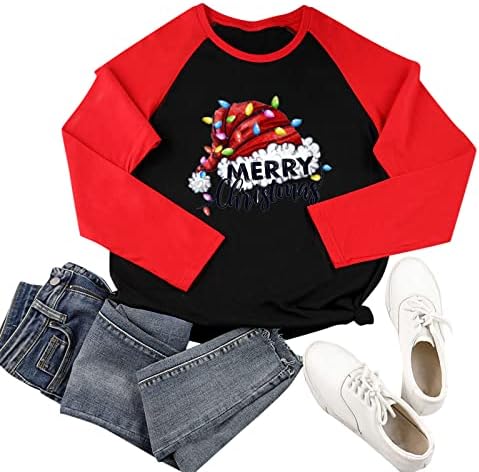 Женска тениска с Коледните Принтом и Дълъг Ръкав Raglan с Цветен Блок, Топ-Спортни Облекла