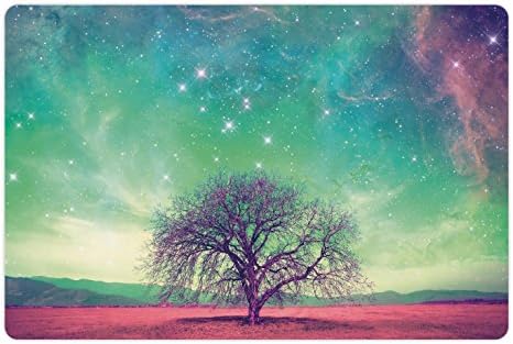 Подложка за домашни любимци с лунна светлина на Нощното небе за храна и вода, Пейзаж с Червени Чужда планета, с Изображение на Дърво и множество Звезди, с Правоъгълн