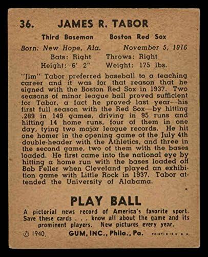1940 Игра топката 36 Джим Тейбор на Бостън Ред Сокс (Бейзболна картичка) VG Red Sox