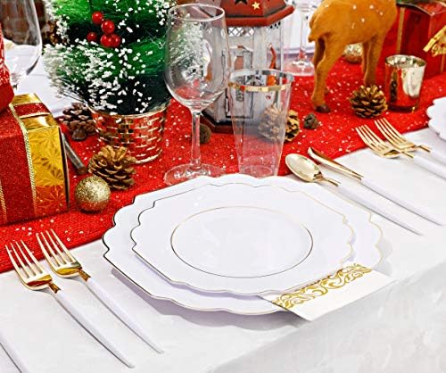Nervure 140 бр. Назъбени Златни Пластмасови чинии - Заредете чинии от бяло Злато - Тежки Квадратни Пластмасови чинии Включват 40 чинии, 20 чаши, 20 вилици, 20 ножове, 20 лъжици, 2