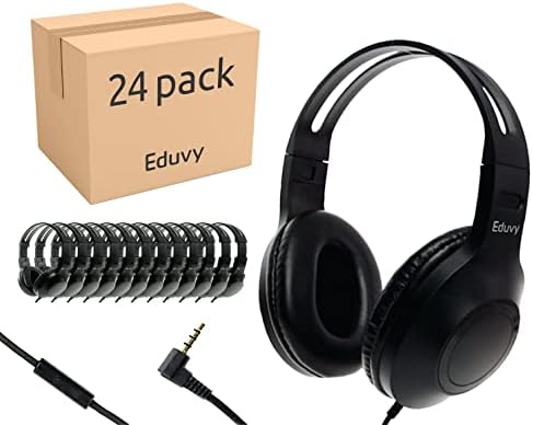 Обемна слушалки Eduvy за обучение в класната стая с микрофон, комплект от 24 жични слушалки за ученици от средните училища и колежи. Комплект