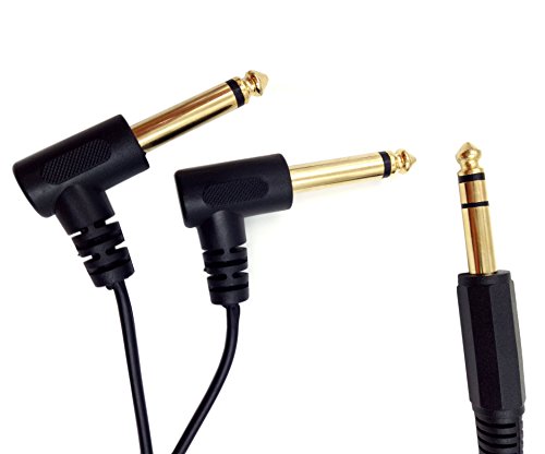 Qaoquda 1 Фут Позлатен аудио кабел 6,35 мм, 1/4 Male TRS Stereo to Dual 2x6,35 мм, 1/4 Male TS Mono под прав ъгъл от 90 градуса Y Сплитер (635 м/2 М)