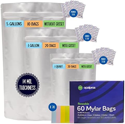 Opalpros 60 бр 14-миллиметровые майларовые пакети за съхранение на хранителни продукти с мивки кислород - Квартовые (30), 1 галлонные (20), 5-галлонные (10) с мивки кислород 300 ку