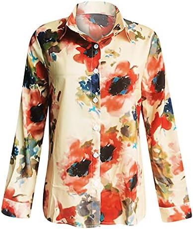 Ризи с копчета с флорални принтом за жени, ежедневна блуза с отложным яка, отгоре с дълъг ръкав и V-образно деколте