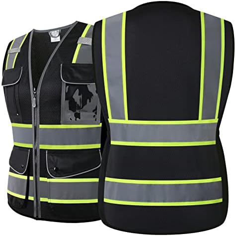 Защитни жилетки HATAUNKI от черна вкара плат с висока видимост, 9 джобове и преден цип, жилетка за безопасност hi vis, за жени, отговаря на стандартите на ANSI / ISEA (черно-16, сре