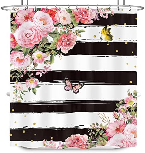 LIGHTINHOME Розовата Завеса за Душ 60 Втх 72 Ч Инча(А) Романтични Цветя, Боядисана Пеперуда, Реколта Ретро Плат в Черно-бяла ивица