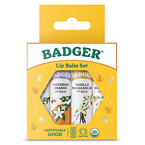 Badger - Класически Балсам за устни в Златна опаковка с алое вера, Зехтин първото пресоване, пчелен восък и Етерични масла, Комплект балсам