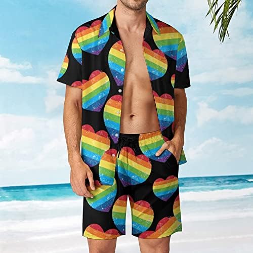 Правата на гейовете Дъгата Ретро Флаг във формата на Сърце, Мъжки Плажни Дрехи от 2 теми, Хавайска Риза с Копчета с Къс ръкав и къси Панталони, Костюми