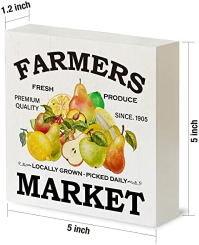 Farm Пазар Дървена Кутия Знак Селски Цветни Плодове Дървена Кутия Знак Декоративен Селски Знак Блок Табела за Начало на Кухненския Плот Настолна Полк Декор 5 x 5