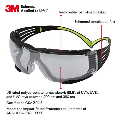 Защитни очила 3M, SecureFit, ANSI Z87, За стая / на улицата, Със защита от надраскване, Огледални Лещи, Зелена / Черна Дограма, Подвижни ленти от стиропор, Гъвкав лък тел