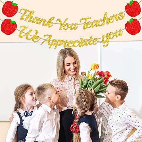 Златна Блестящ Банер Благодаря ви, учители, ние ценим вас - НЯМА diy, Банер Седмици Благодарност на учителите за училищен клас -