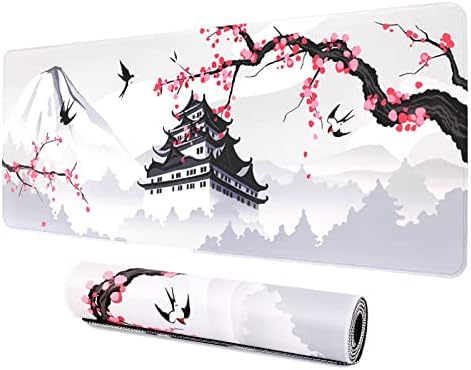 Геймърска подложка за мишка MEWOOCUE Japanese Cherry Blossom White, Голяма Игри Подложка за мишка в стил Аниме за лаптоп