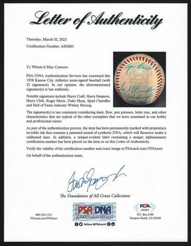 Най-добрата легкоатлетическая отбор на Канзас Сити, името на Роджър Марис 1958 г. Подписа бейзбол бейзболни топки с ДНК-автографи на PSA