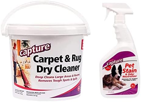 Средство за почистване на килими Capture Carpet & Rug Dry Cleaner (4 кг), каталитичен конвертор на петна и миризми от домашни животни (32 мл), Препарат за премахване на петна от домаш