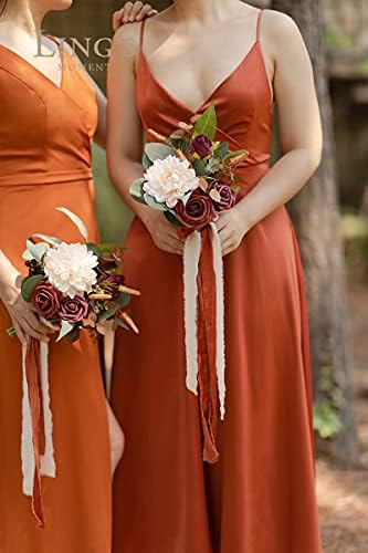 Ling's Moment 7-Инчов Букети за Шаферките от жженых оранжеви и Теракот Изкуствени цветя за сватба, Комплект от 6 броя, за