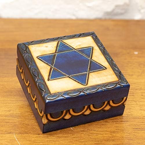 М. Корнел Звездата на Давид Еврейския Резбовани Ярко-Синя Декоративна Ковчег от масивно Дърво 3 х 3