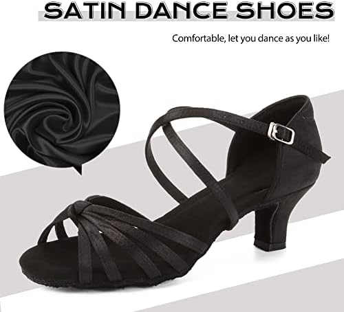 JUODVMP / Дамски Сатенени Обувки за практикуване на латиноамериканска Салса с плетением на 5 спагети презрамки, Модел 518-5